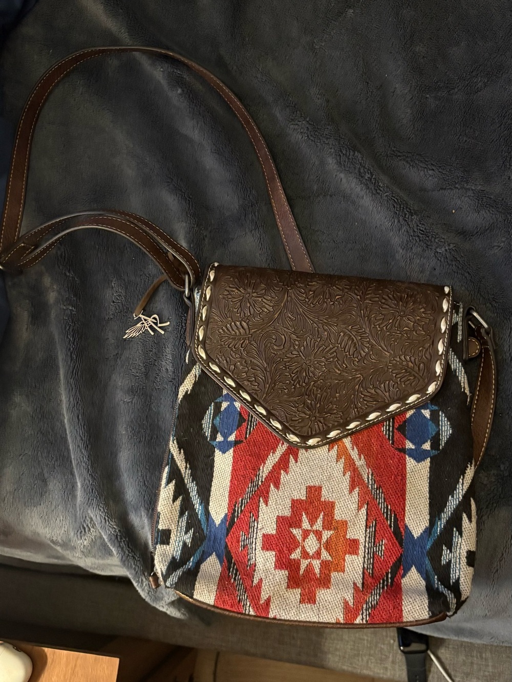Brown Leather & Aztec Pattern Crossbody Bag